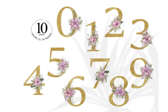 Gold Floral Numbers Clipart: Watercolor Design Assets