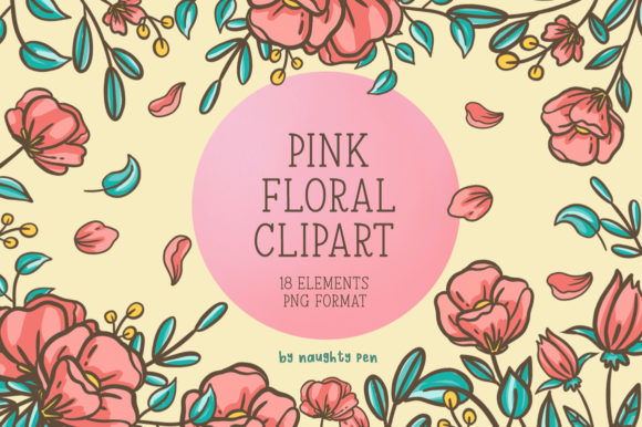 Pink Floral Clipart Set: Hand-Drawn Digital Assets for Creative Projects