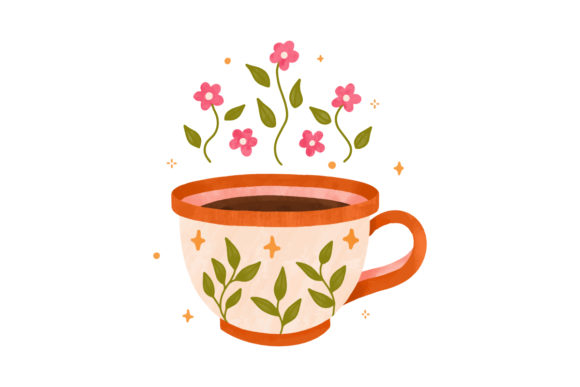 Watercolor Cup Tea Coffee Floral Pattern Assets